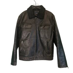 Vintage GAP Men's Distressed Black Leather Aviator Jacket Sherpa Collar Size L